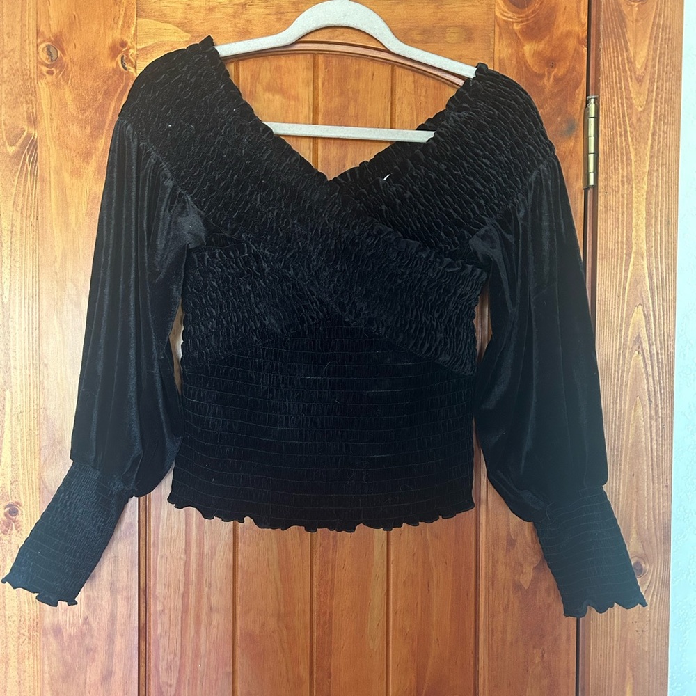 BB Dakota Black Velvet Smocked Blouse